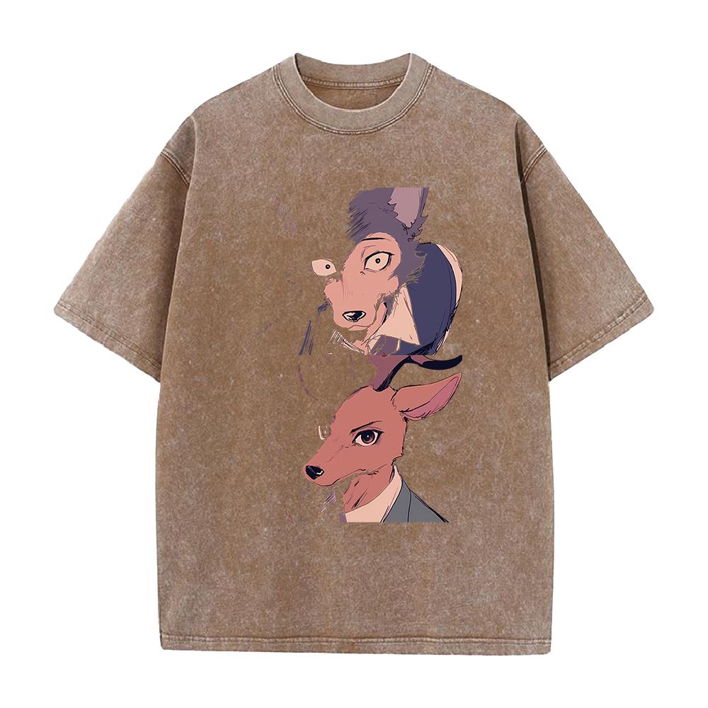 Hot Anime BEASTARS Legoshi Rouis Clothing Men Women Casual Tshirts Washed Cotton Tee Retro Oversized T-shirt Harajuku T Shirt S коричневый
