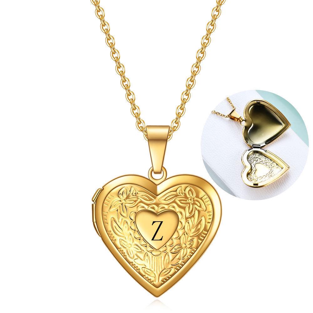 Personalized Heart Photo Frame Pendant Necklace - Stainless Steel, 26 English Letters