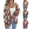 Women's Color-blocked Plaid Long-sleeved Cardigan Sweater Mid-length Coat