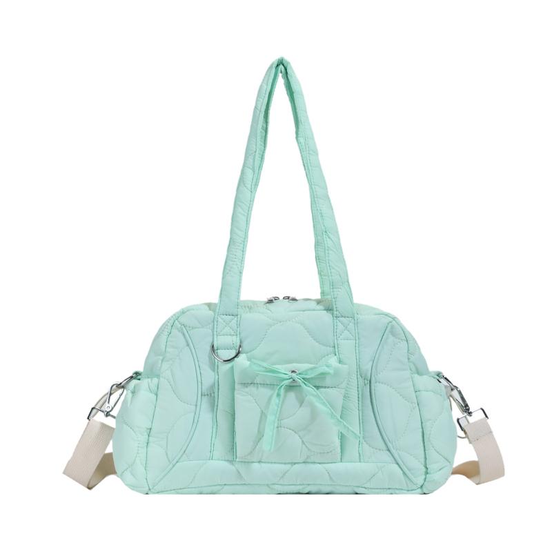

Korean Style Quilted Cute Bow Shoulder Bag Women Fashion Large Capacity Puffy Handbag Daily Casual Shopping Tote Bag
