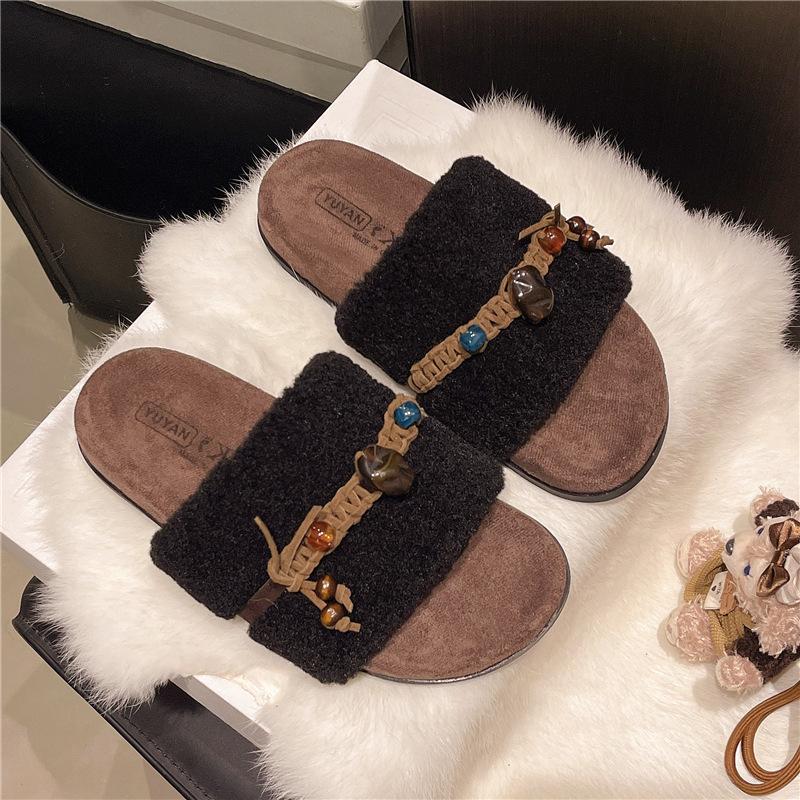 Niche Design Thick-bottomed Cotton Slippers Women's Outer Wear 2025 Autumn and Winter New Retro French Woven Plush Mop