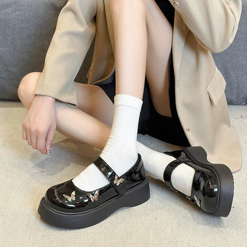 Korean Version Butterfly Decoration Small Leather Shoes Thick Bottom 2024 New Fashion Casual Mary Jane Women Shoes Summertime