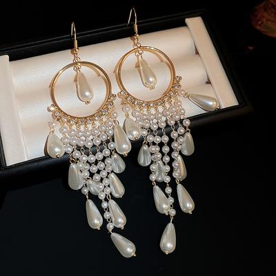 Exaggerated Zircon Circle Long Water Drop Imitation Pearl Fringed Ear Hook Niche Premium Earrings