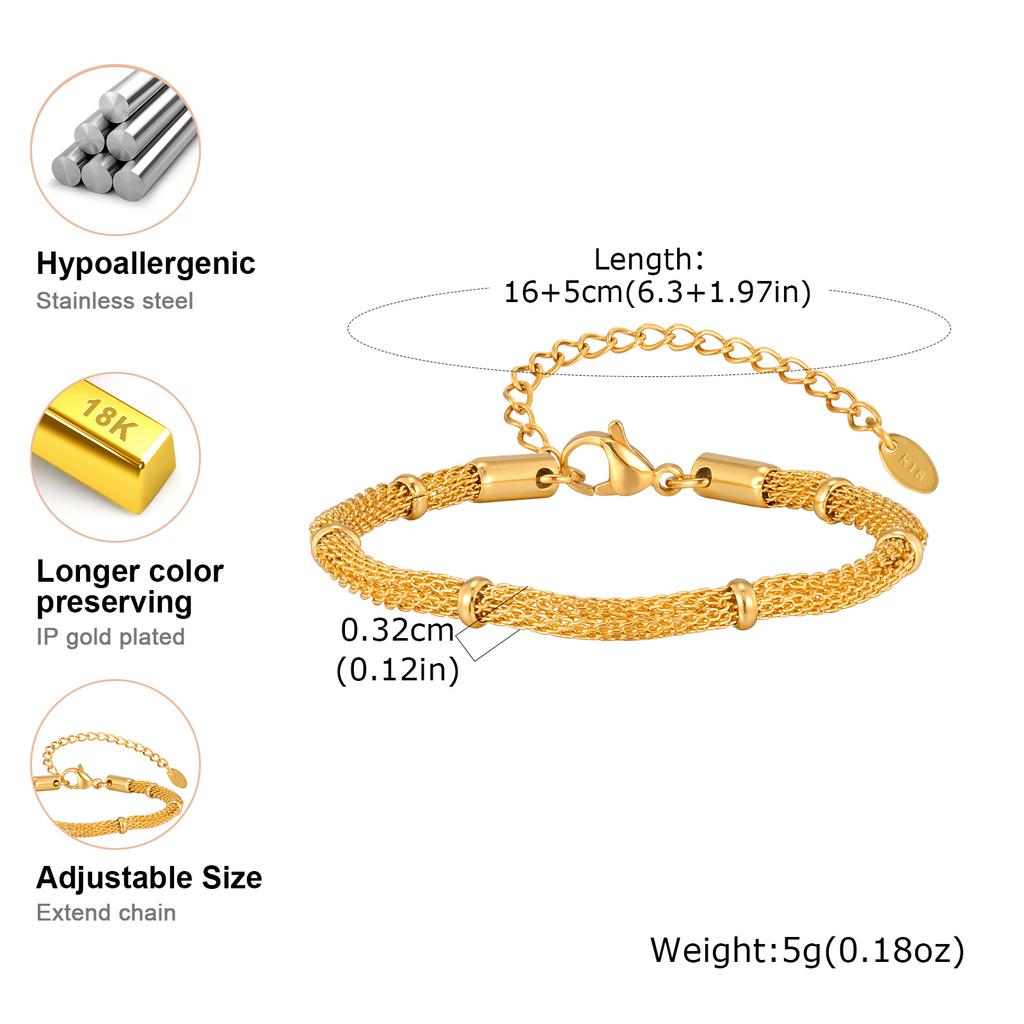 Stainless Steel Mesh Bead Chain Bracelet for Women, Gold Plated Waterproof Bracelets,Unique Jewelry Gift