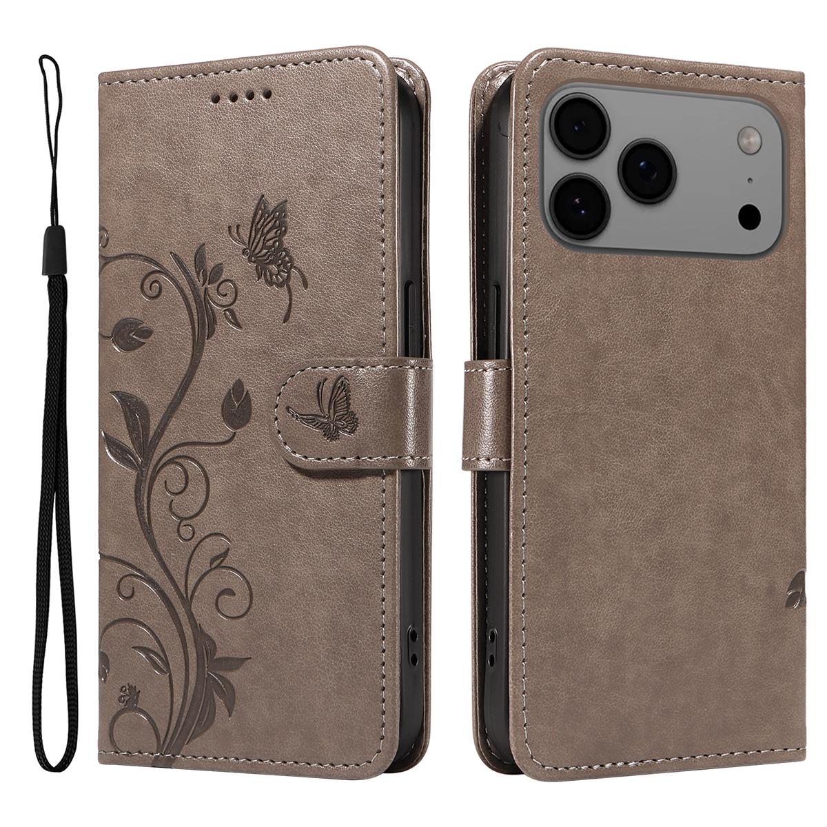 

For iPhone 17 Pro Max PU Leather Cases Flower Pattern Wallet Stand Phone Cover with Strap Grey