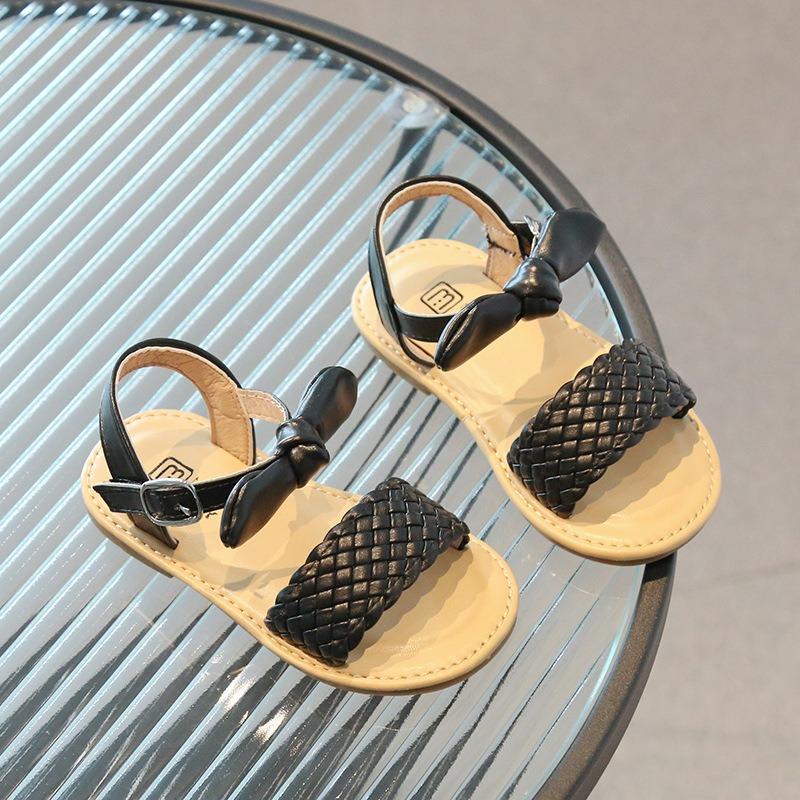 

Girls Woven Cork Sandals, Cute Bow Princess Soft Sole Hook & Loop Shoes Spring Summer 21 чёрный