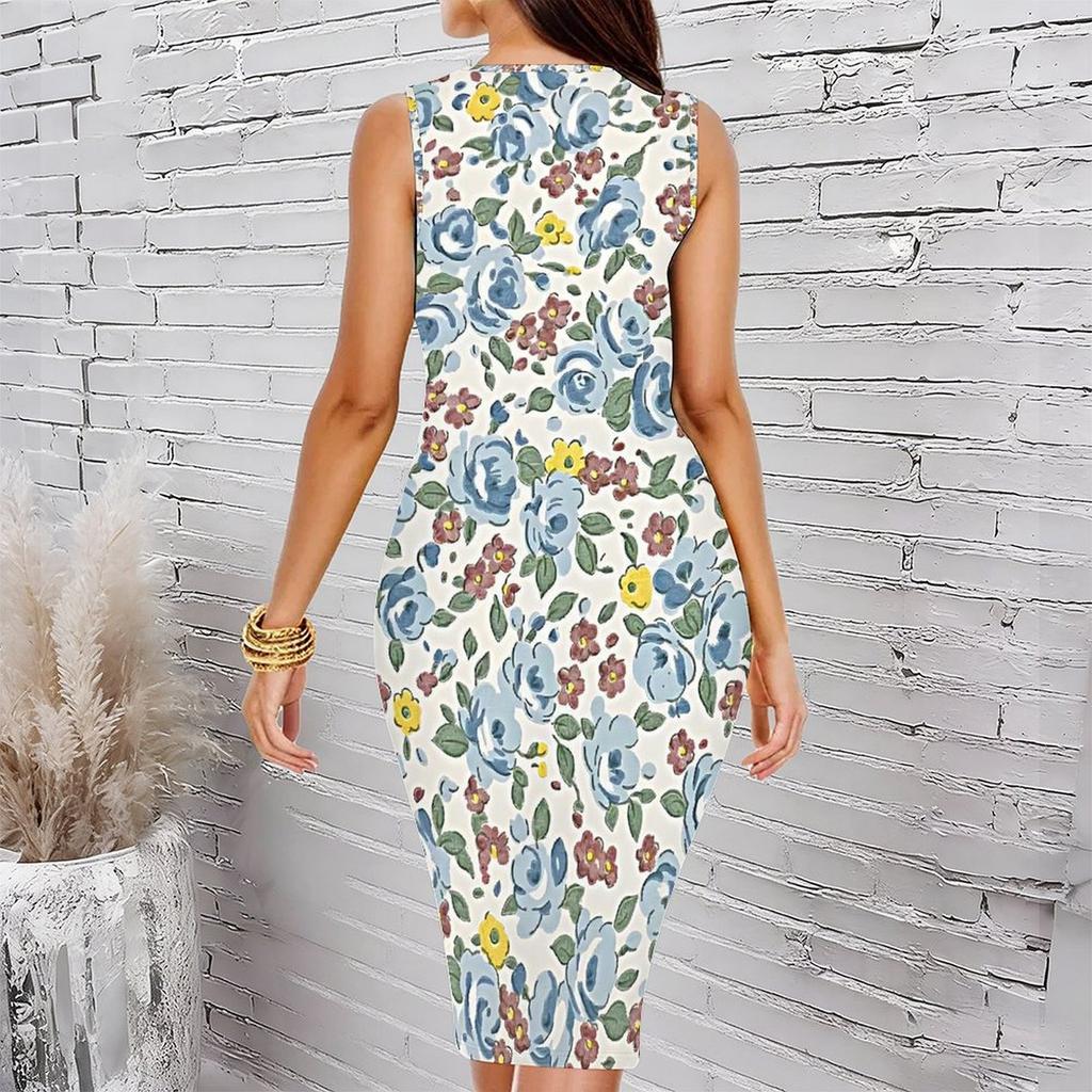 Women Plus Size Crew Neck Sleeveless Midi Dress Bright Ethnic Circular Floral All Over Print Bodycon Dress