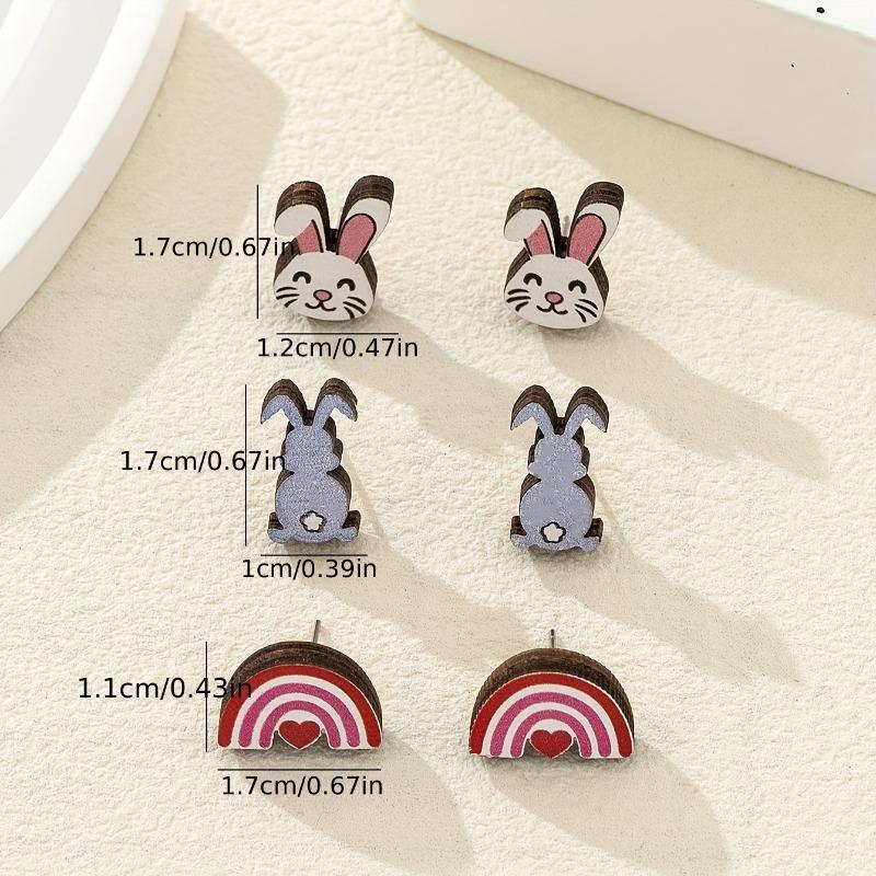A pair of small and delicate wooden Easter bunny rainbow stud earrings, fashionable personality, literary and cute, high-end wood