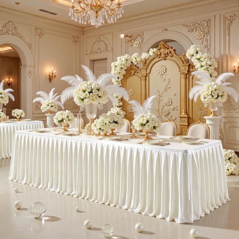 Satin Pleated Table Skirt 4/6/8FT Tablecloth for Wedding Banquet Conference Party Stage Decoration Rectangular Table Cover