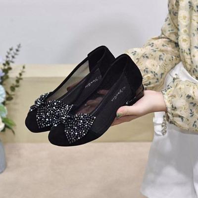 2025 New Summer Thick Heel Single Shoes Women's Hollow Mesh Leather Women's Shoes Summer Shallow Mouth Leather Shoes Frosted Beanie Shoes