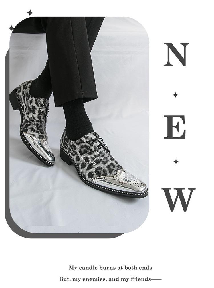 Men's Large Pointed Toe Leather Brogue Loafers - Shiny Leopard Print, British Style