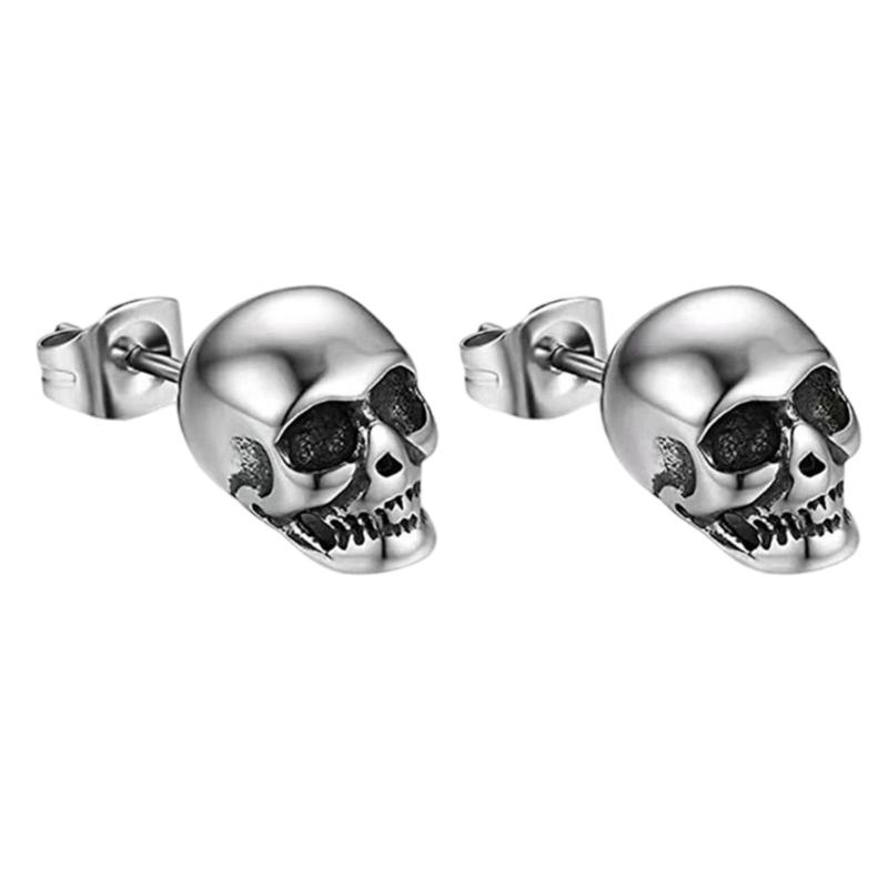 Skull Studs Pair, Vintage Gothic Alloy Design with Stud Back Closure for Halloween Parties and Edgy Outfit Styling