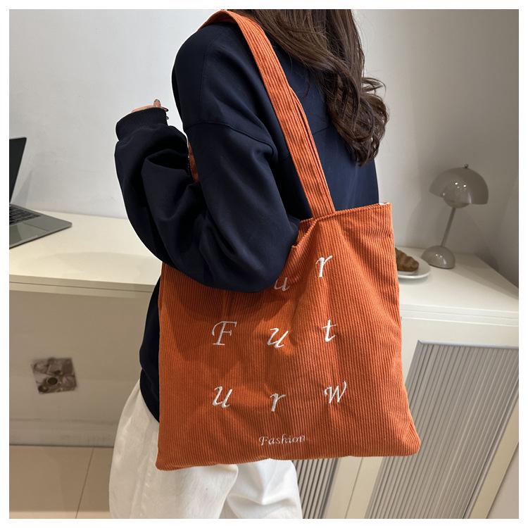 Korean Corduroy Embroidered Tote Bag for Students - Artistic Autumn/Winter Design