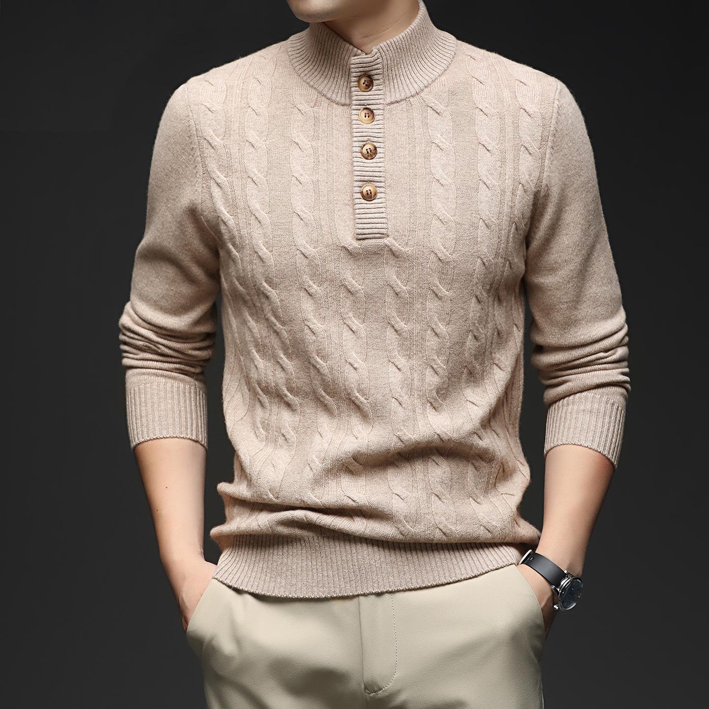 

Men s Stand Collar Four-Button Jacquard Wool Sweater, Winter 2025 Fashion for Young and Middle-Aged, Casual Base Layer 115