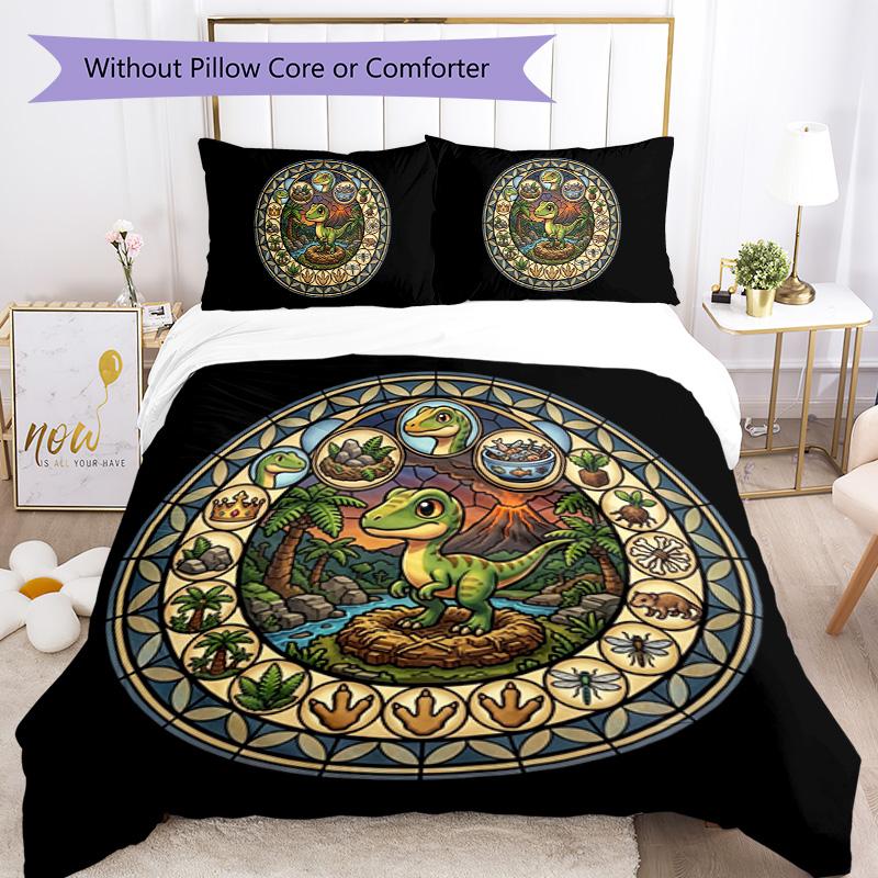 Dinosaur Glass Scene Pattern Bedding,Quilt Set Quilt Cover Pillowcase Home Birthday Gift (1*duvet cover+2*pillowcase,without core)
