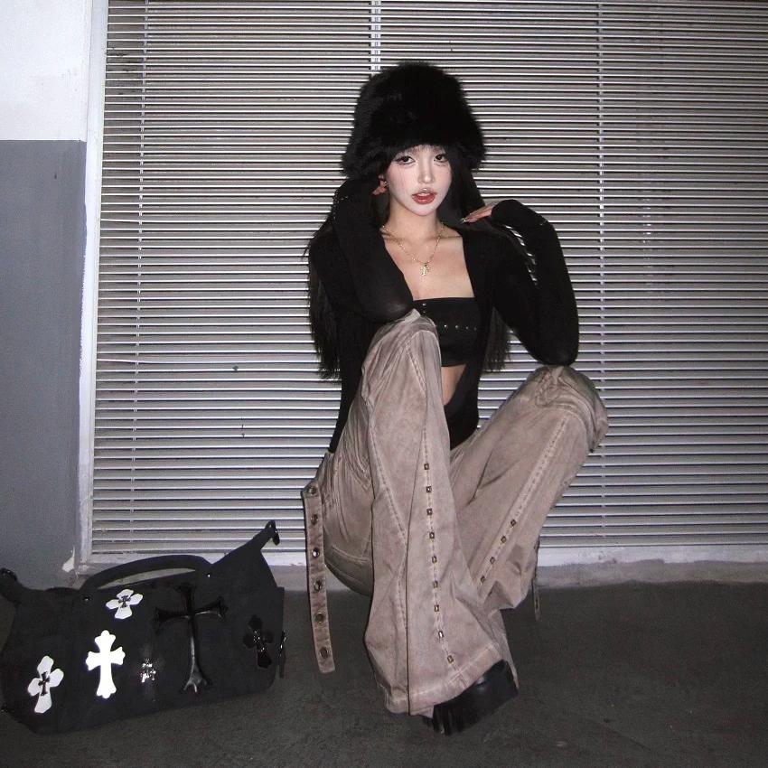 Y2k Punk Two Pieces Tops Irreugal Rivet Tops + Sleeveless Tank Streetwear Americal Retro 90s Black Tee Tops E-girls