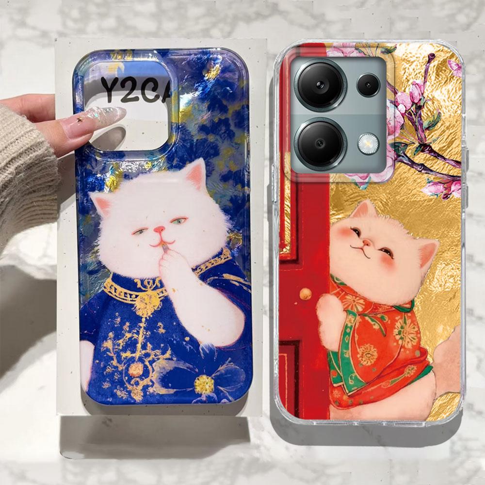 Lucky Cute Cat Flower Retro Phone Case for Xiaomi Redmi Note 14 13 12 11 11S 10 10S 8 9 Pro 9C 13C 14C A3 A4 A3X 9C A1 A2 Cover