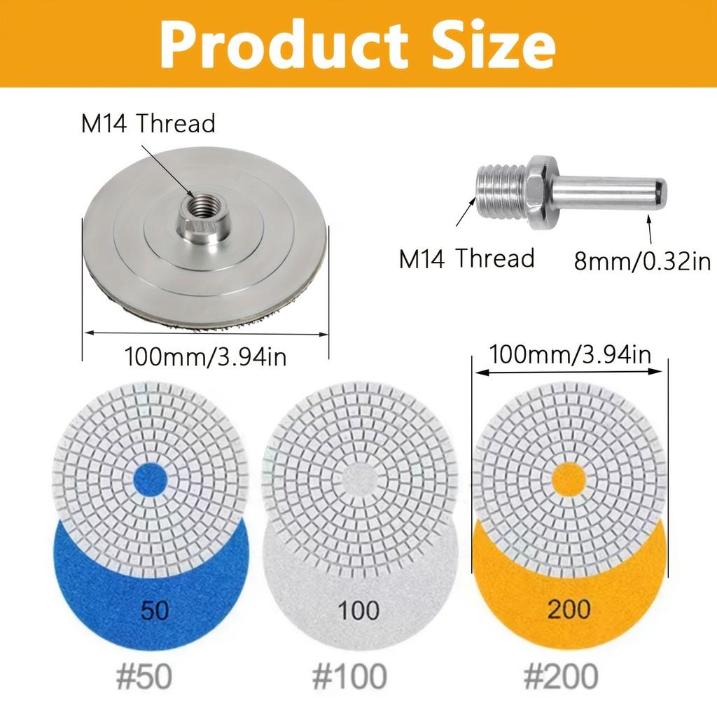 

11Pcs 4 Polishing Pads – 50-200 Grit Wet/Dry, Alu Backing + M14 for Concrete & Stone 11pcs