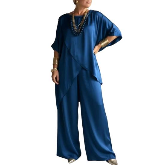 Damen 2-teilige Satin-Outfits Halbarm Asymmetrischer Saum Oberteil Weite Hosen Sets Sommer Lockere Lounge-Sets