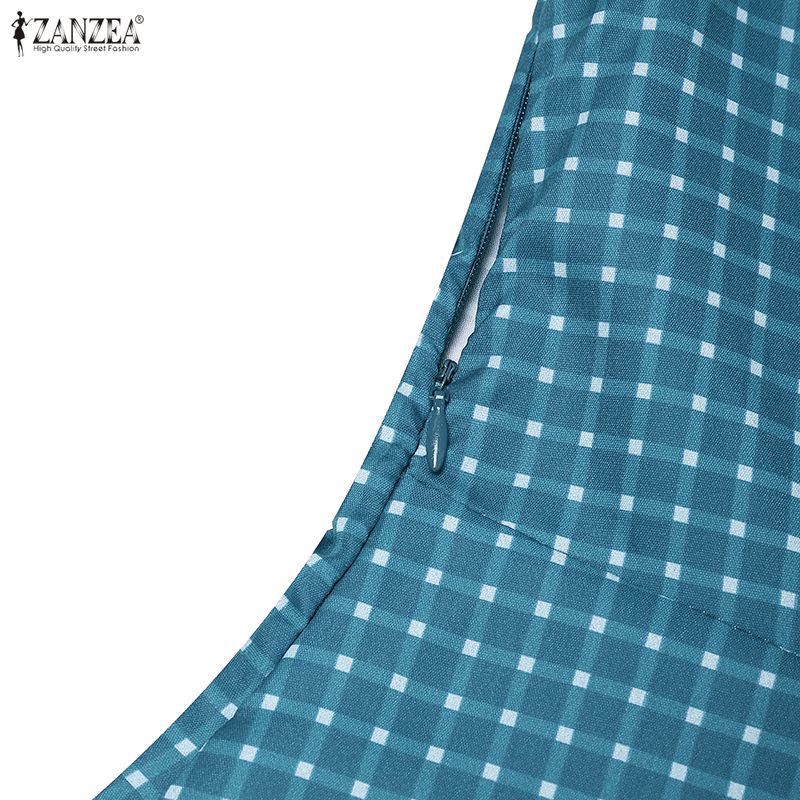 ZANZEA Women Casual Turn Down Collar Long Sleeve Grid Print A-Line Dress