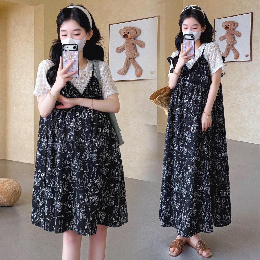 Real Shot 2026 Summer Minimalist Maternity Dress - Two-Piece Look with Round Neck