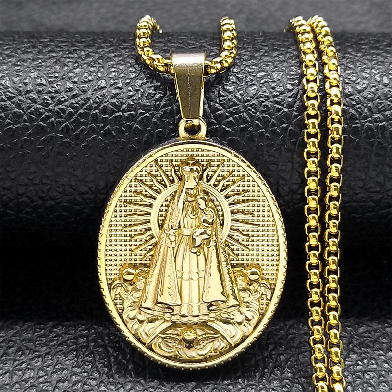 Brazil Nossa Senhora Our Lady of Aparecida Medal Necklace for Men Women Stainless Steel Gold Color Chain Jewelry Colar NZZ466S02