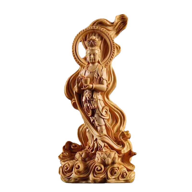 Wooden Sea-Crossing GuanyinStatue Chinese Buddha Log Color Solid Wood Carving Home Living Room FengShui Decoration Figure Statue