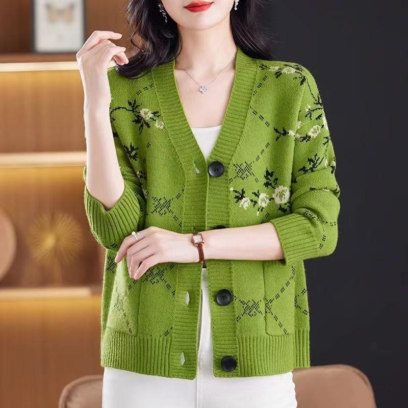 Autumn Winter Women's Plus Size Knitted Cardigan V-neck Printed Knitted Cardigan Sweater Jacket Knitted Top Outerwear.