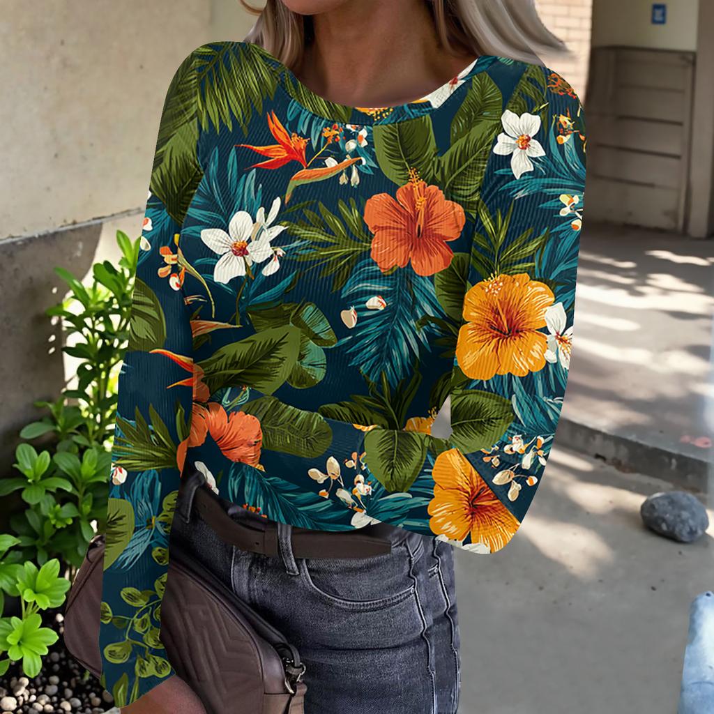 Women's Casual Fashion Round Neck Hawaiian Print Long Sleeve Ribbed Top
