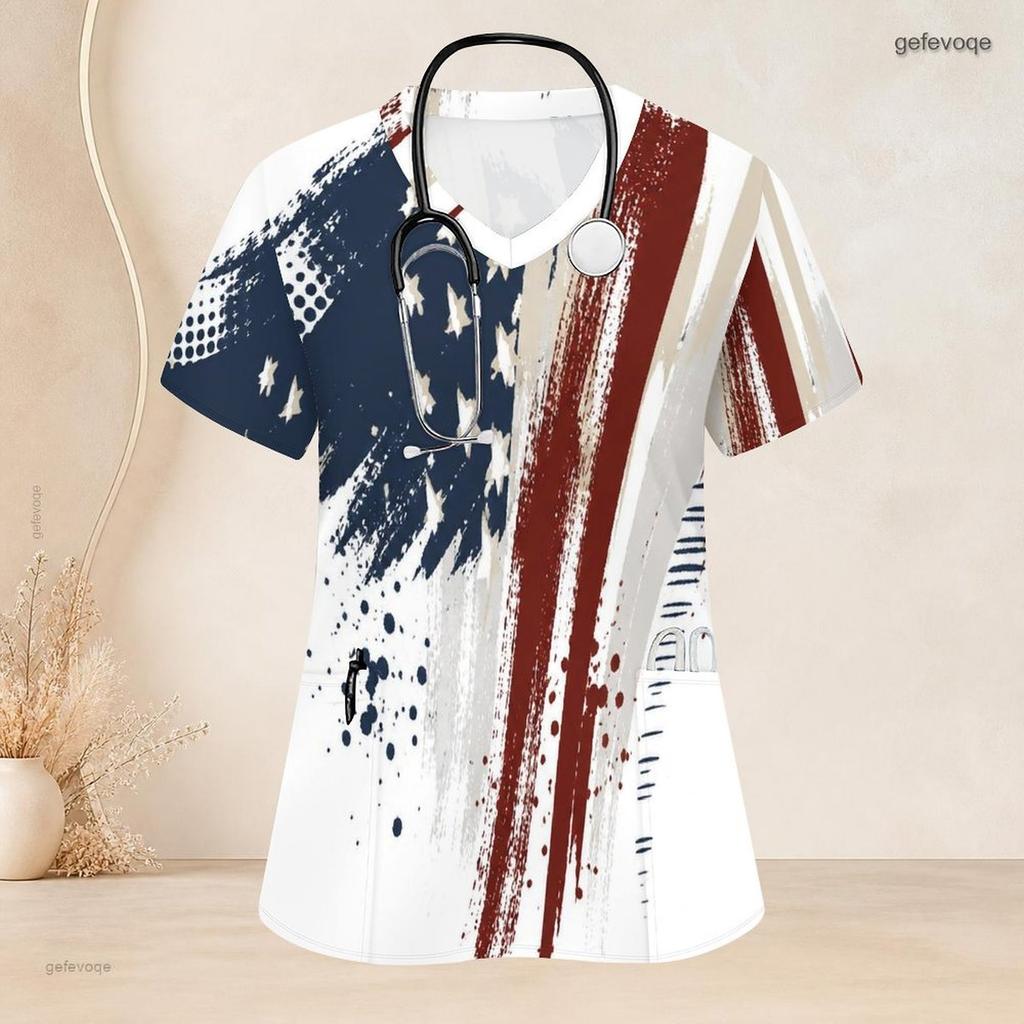 Women Plus Size V Neck Short Sleeve American Flag Print Nurse Scrub Top With Front Pockets