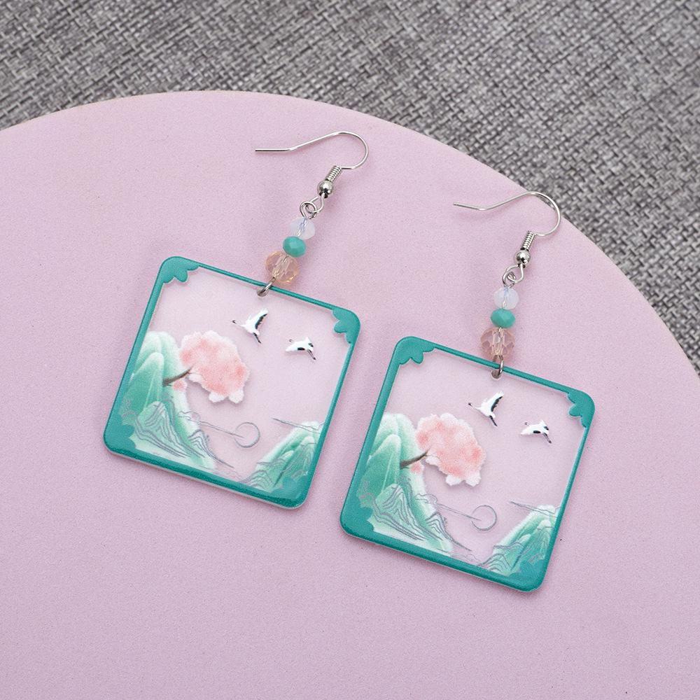 Geometric Mountain Crane Pattern Acrylic Earrings