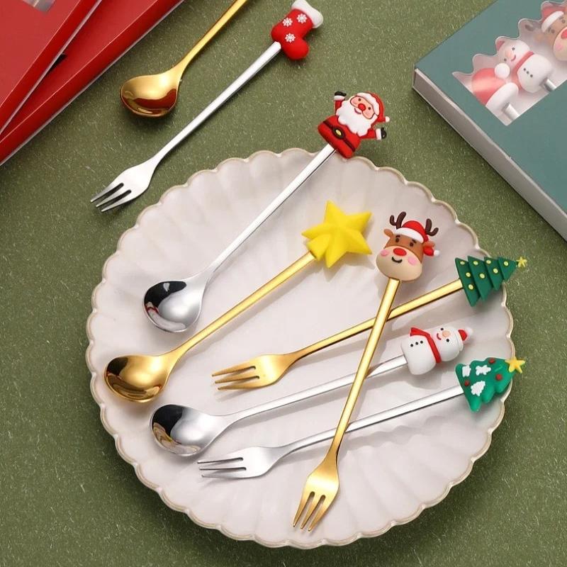 4/6 Stück Weihnachtslöffel-Gabel-Set Weihnachtsmann Weihnachtsbaum Dekoration Edelstahl Dessertlöffel Obstgabel Weihnachtsgeschenk