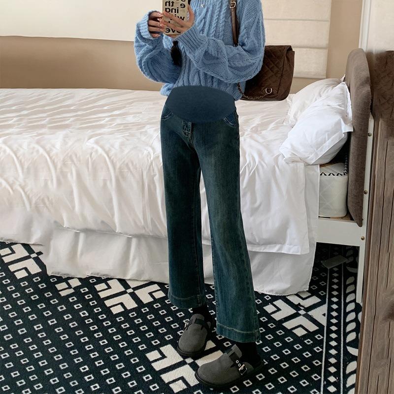 #Pregnant Women's Elastic Flared Pants, Belly Support Nine-point Micro-pull Pants, Retro Blue Spring and Autumn Jeans Wide-leg Pants