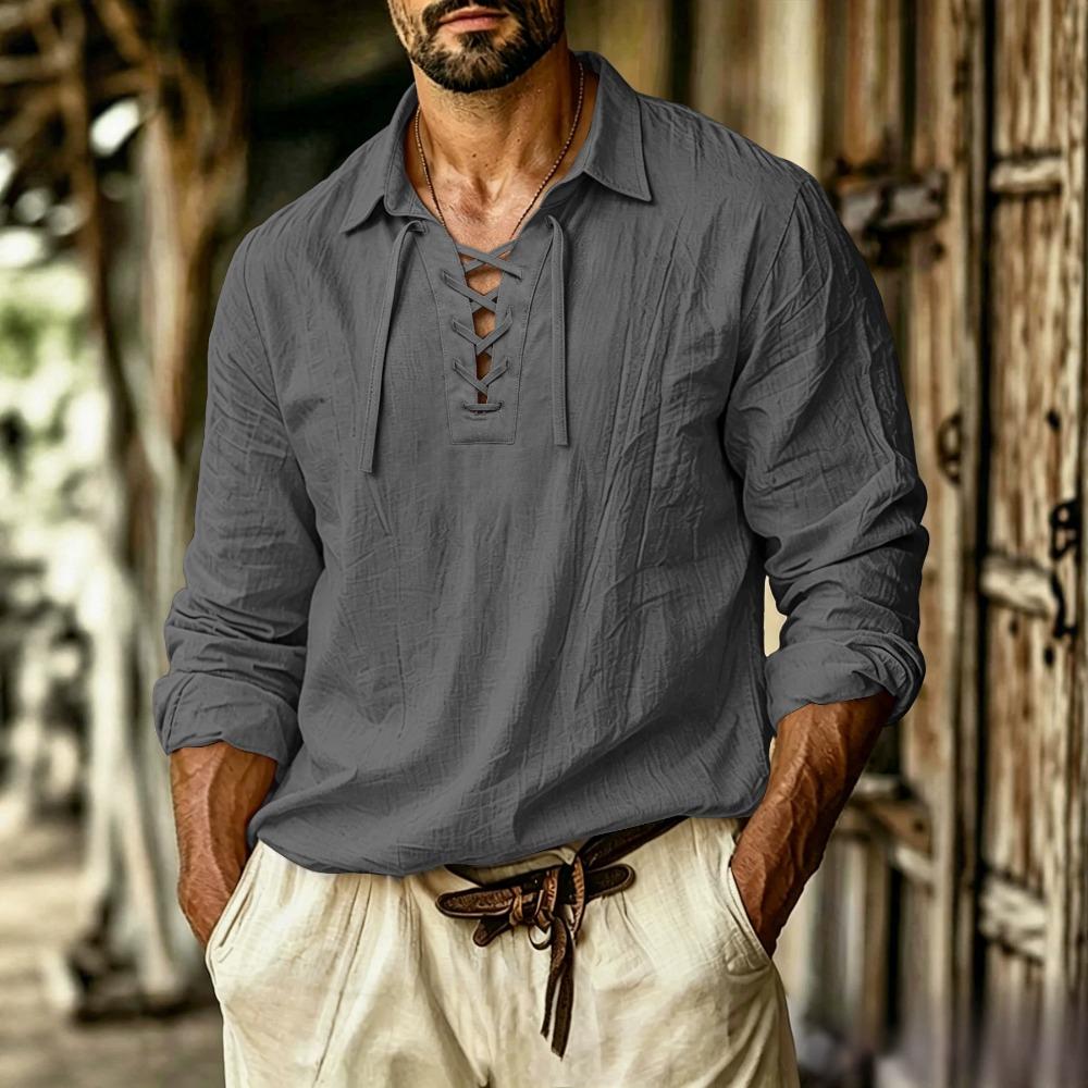 Men's 100% Linen Shirt Long Sleeve Lace Up Neck Casual Spring Summer Breathable Shirts Men Clothing