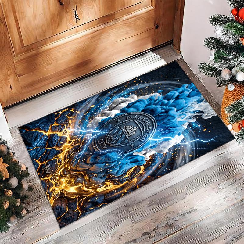 Manchester City Printed Flannel Area Rug Non Slip Soft Polyester Floor Carpet Indoor Decor Mat for Bedroom Living Room Sofa