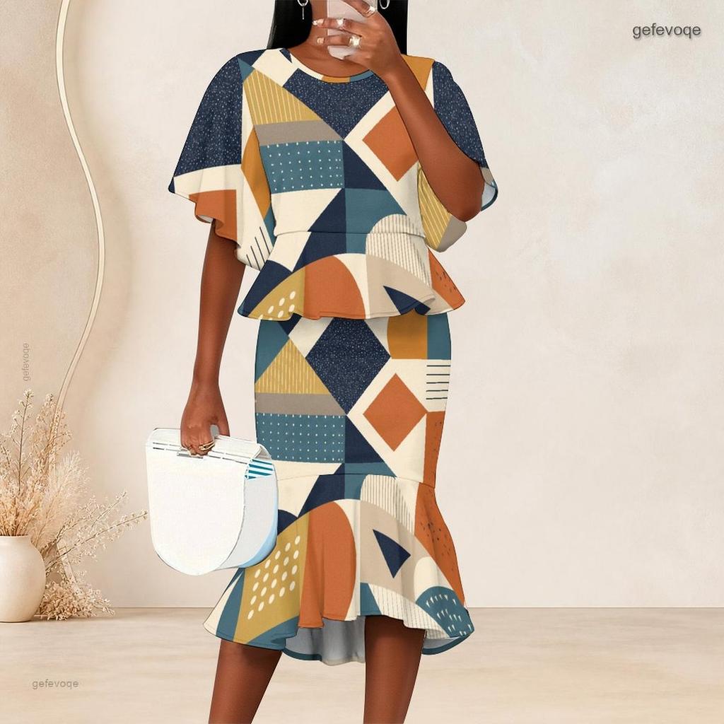 Women Plus Size Geometric Printed Two Piece Skirt Set Batwing Sleeve Ruffle Hem Top Fishtail Skirt