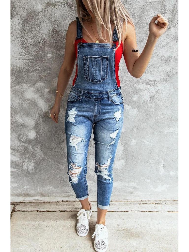 Popularne europejskie i amerykańskie retro elastyczne dżinsowe ogrodniczki z dziurami