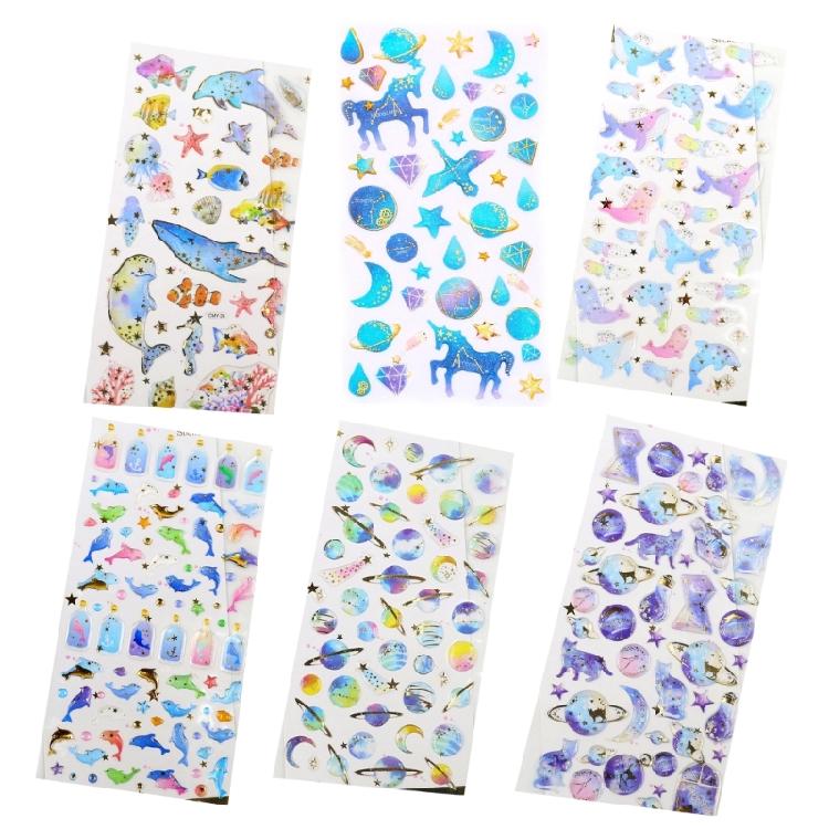 6Sheets Gold Foil Embossed Sticker Clear Cartoon PVC Resin Decorative Sticker for Journal Notebook Scrapbooking Supplies