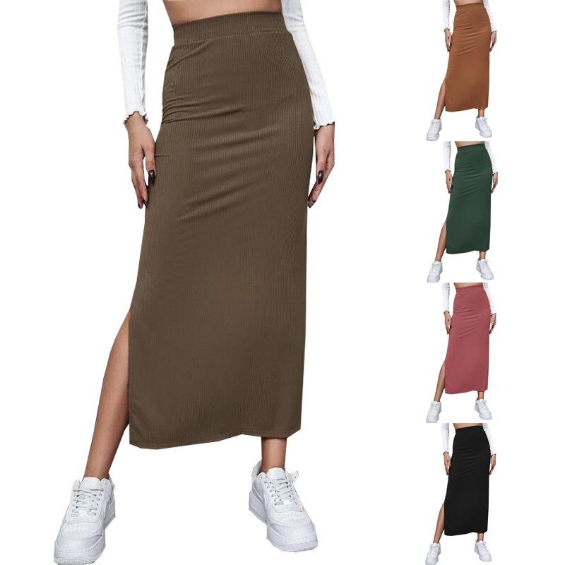 Dames Zwarte Ribbel Gebreide Maxi Rok Hoge Taille Zijsplit Bodycon Potloodrok