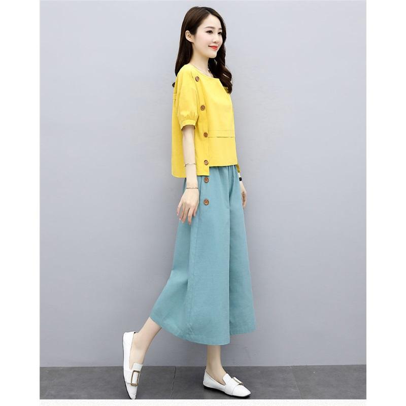 Women's Cotton Linen 2-Piece Set Short Sleeve Blouse & Wide Leg Pants