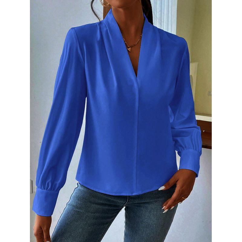 

Топы V-образный вырез однотонный свободный топ рубашка Blue XXL