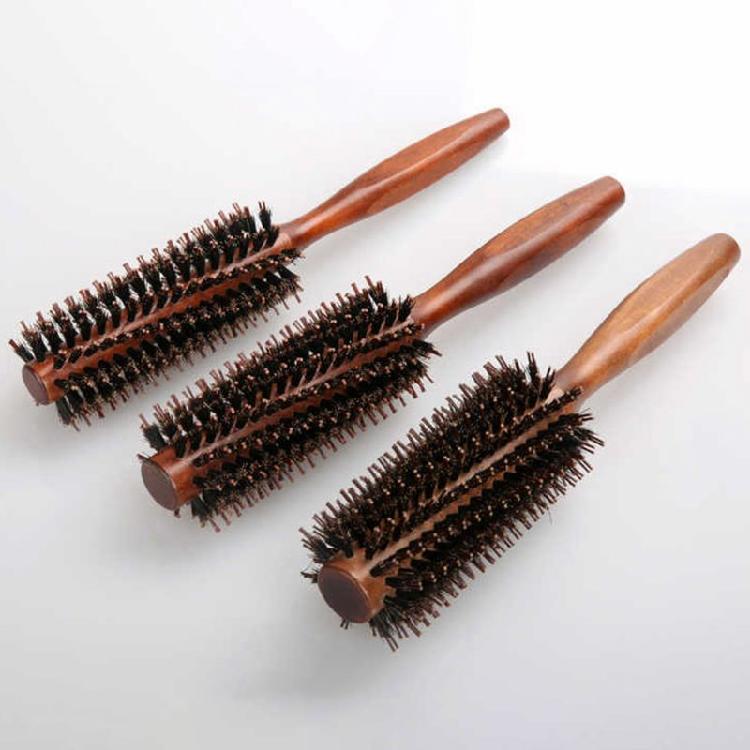Straight Twill Boar Bristle Hair Round Brush Wood Handle Rolling Styling Comb