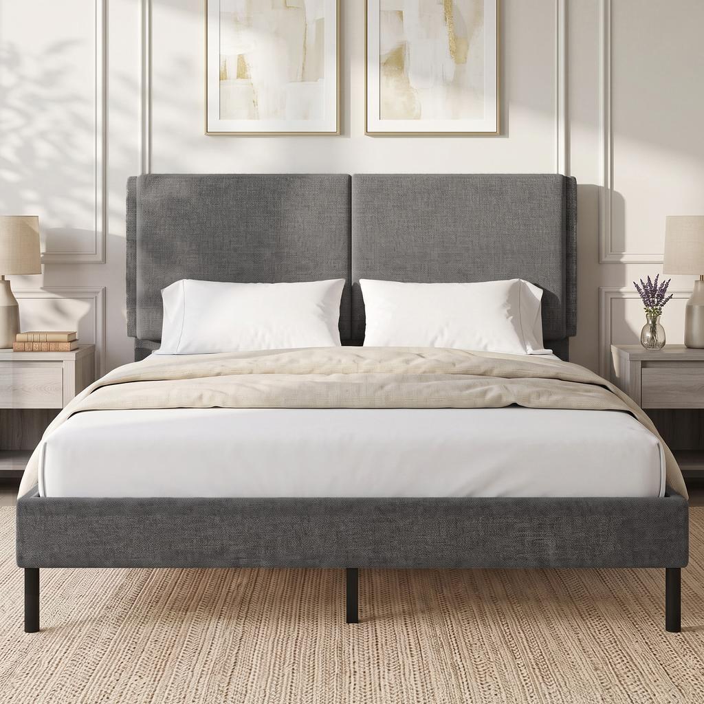 Double Bed Frame, 140 x 190 cm, Slatted Base and Headboard, Linen, Storage Underneath, Grey