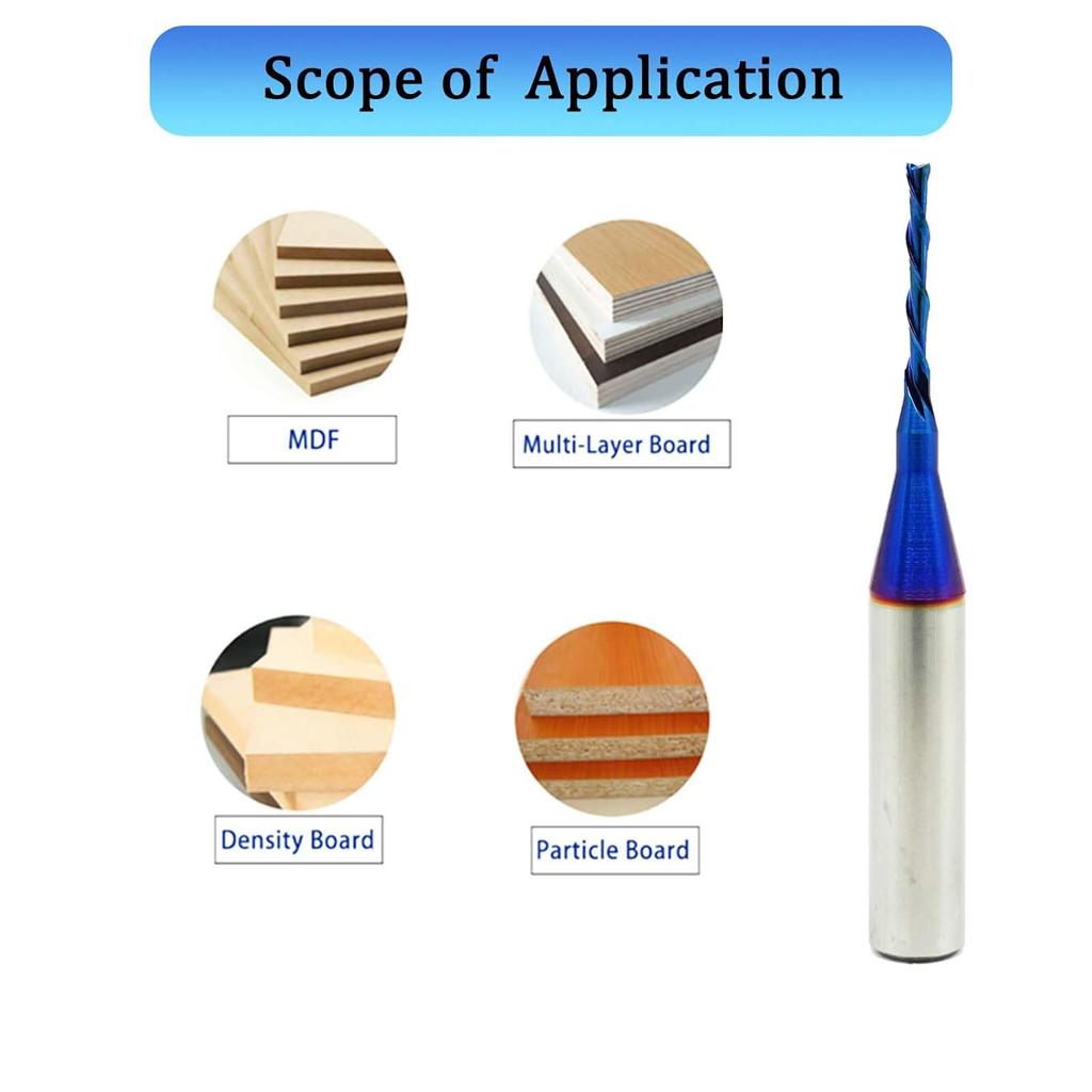 CNC Router Bit Down Cut 1/16 inch Cutting Dia 1/4 inch Shank Solid Carbide End Mill with Nanco Blue Coating CNC Bits for Wood Cut 3D Carving