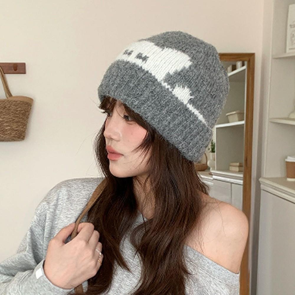 Cat Pattern Warm Knitted Beanie Hat Thick Warm Design Stretchy Beanie Hat  Casual Wear