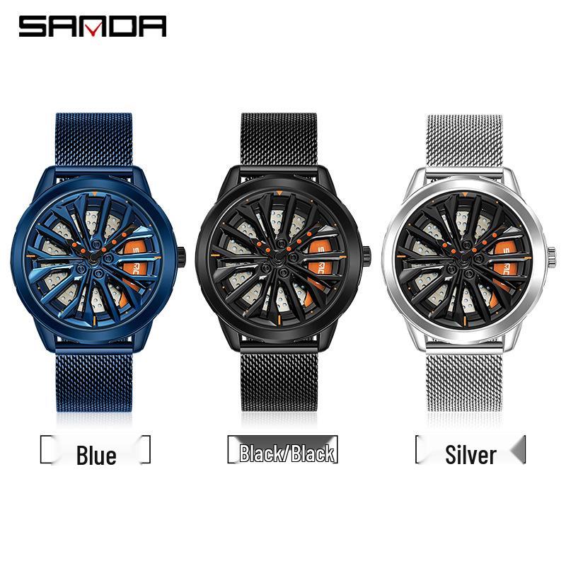 Sanda Men's Creative Wheel Quartz Watch - Trendy Rotating Waterproof Wristwatch