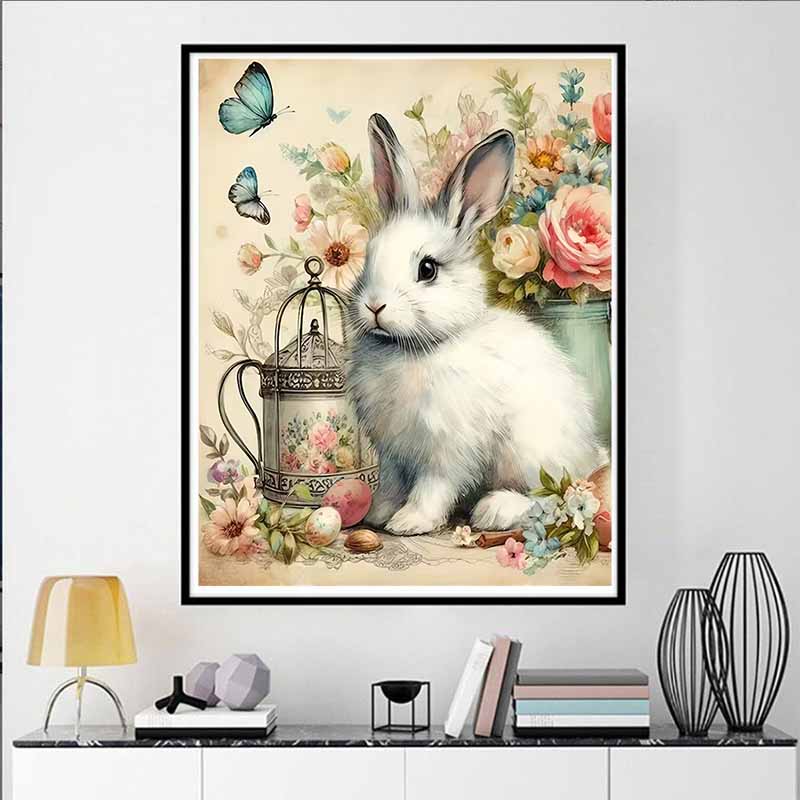 Flowers and Rabbit Full Diamond Painting Set, 5D Colorful Round Gemstone DIY Cross Stitch Decoration Home Wall Mural