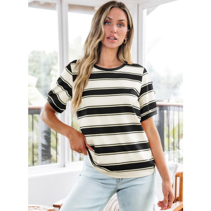 Womens Striped Contrast Color Loose Round Neck Short Sleeve Casual T Shirt
