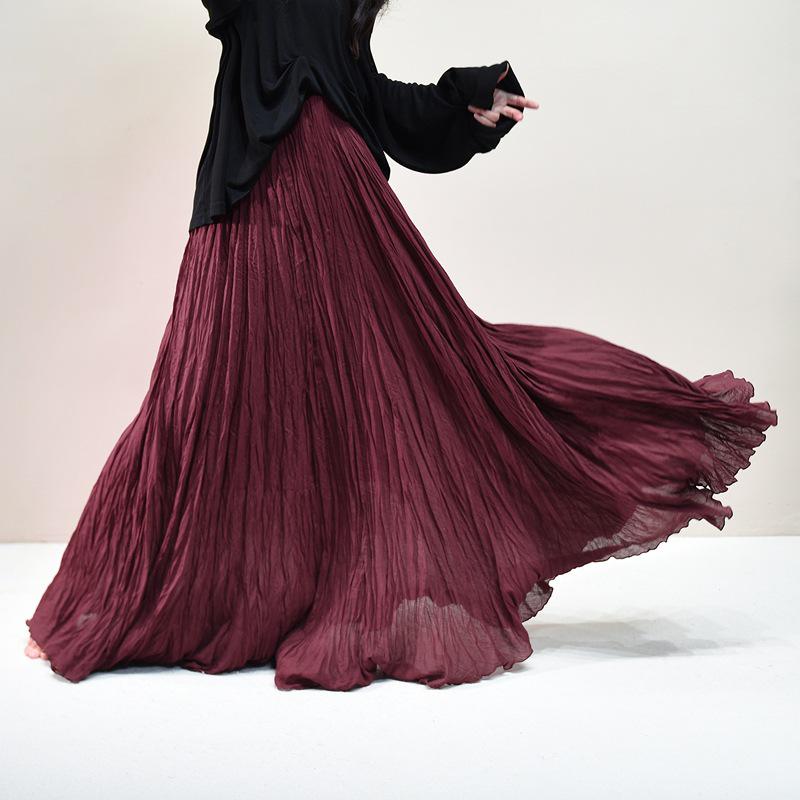 Pleated Cotton Linen Textured Midi Skirt, Women's Spring/Summer 20256 Collection, Large Hem, Floor-Length, Simple Design.