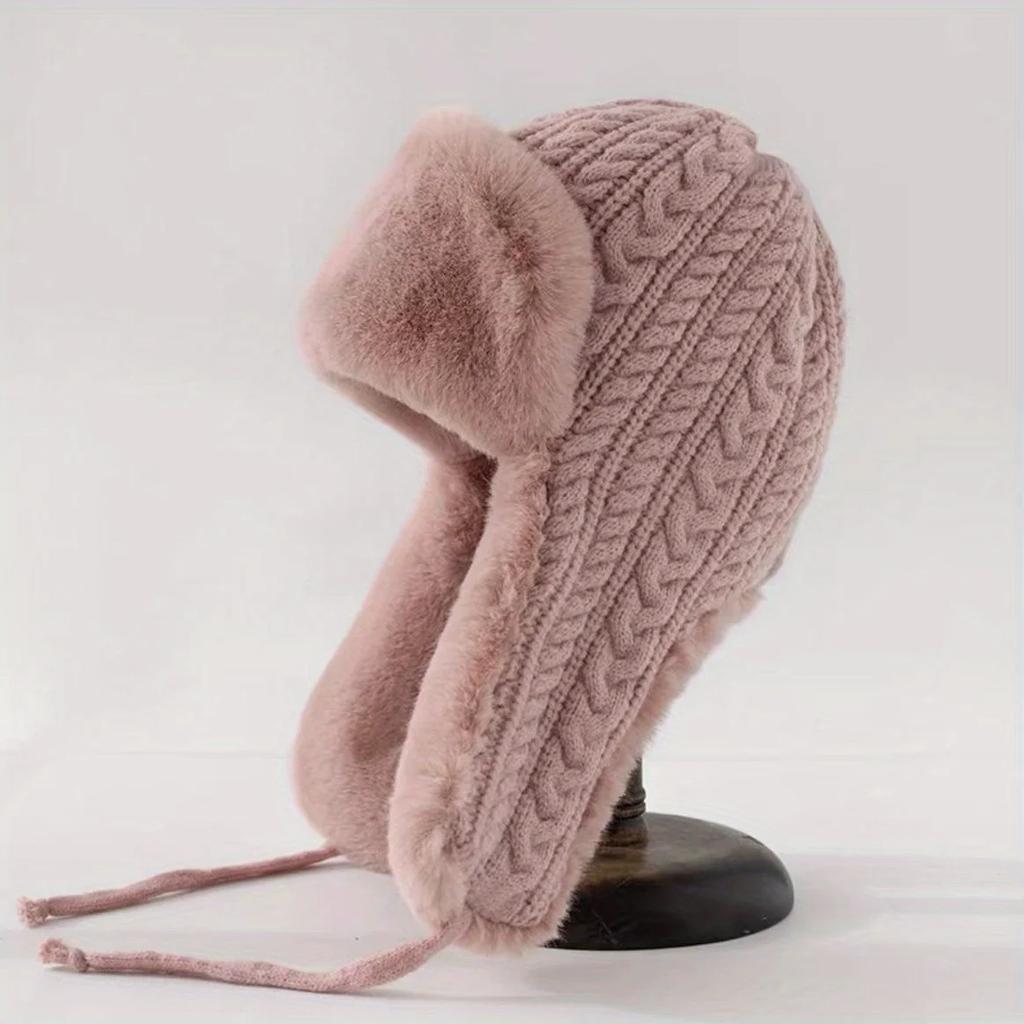 Women'S Knit Hat With Extended Ear Flaps - Windproof Winter Cap For Cycling Korean Style Thickened Tie-Fastened Design